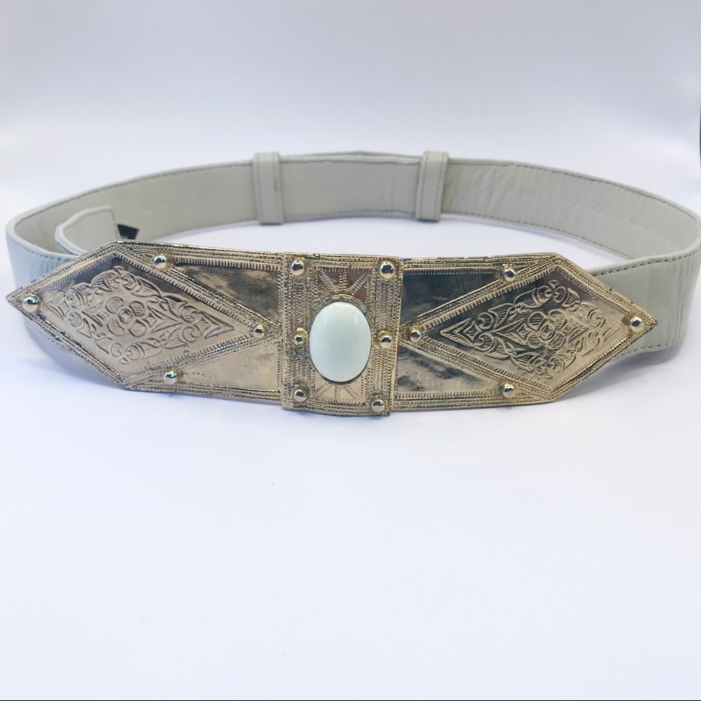 Emilynoelle Leather Art Deco Vintage Inspired Belt | Gold with Ivory Stone | M